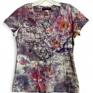 Appropriate Behavior Floral Abstract V-Neck Tee Size Small